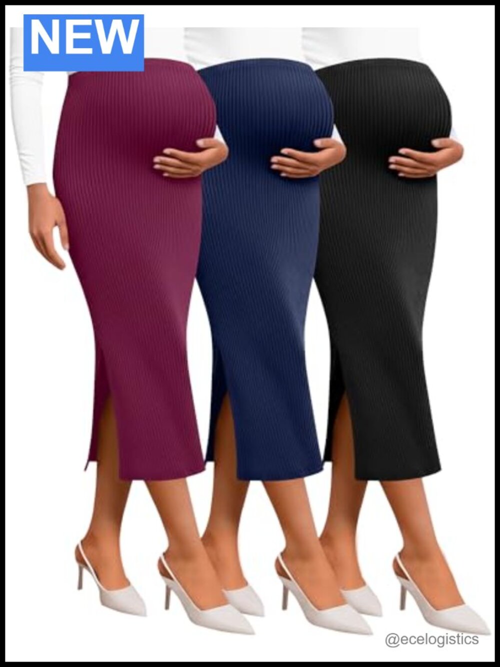 3 Pack Ribbed Knit Pencil Maternity Skirts Mid Rise Split Hem High Stretch